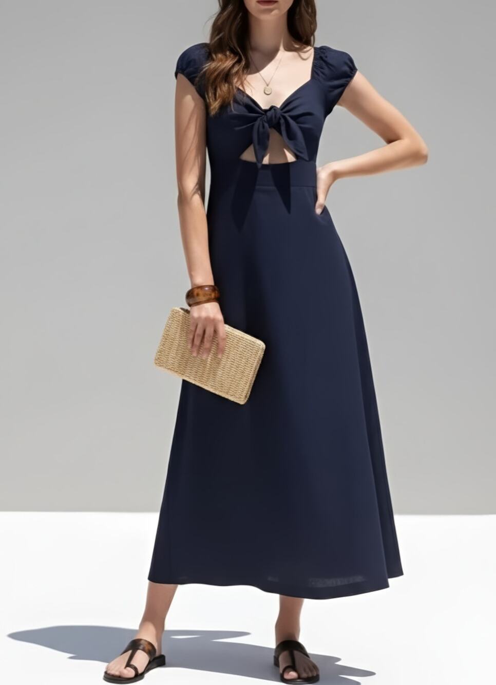 Skylar + Madison Linen Maxi Dress Puff Sleeves Cutout Navy Size M NWT
